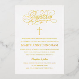 Invitación Con Relieve Metalizado Bautismo de Caligrafía Elegante Dorado