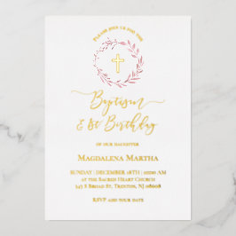Invitación Con Relieve Metalizado Bautismo de corona rosa polvorienta y primer cumpl