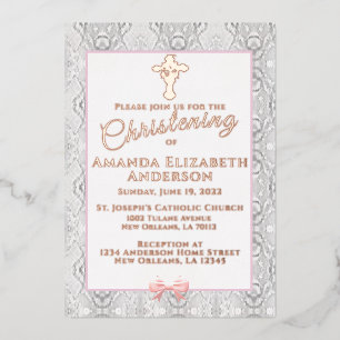 Invitación Con Relieve Metalizado Bautismo de encaje rosado/cristianismo