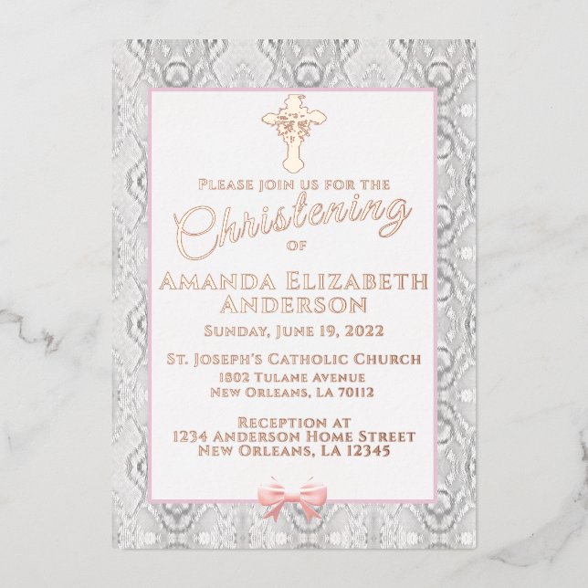 Invitación Con Relieve Metalizado Bautismo de encaje rosado/cristianismo (Anverso)