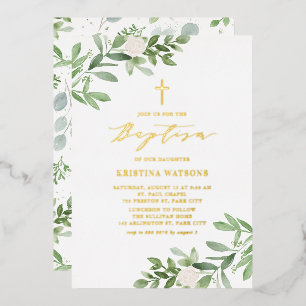 Invitación Con Relieve Metalizado Bautismo de flores blancas y vegetación en acuarel
