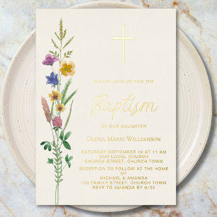 Invitación Con Relieve Metalizado Bautismo de flores silvestres 