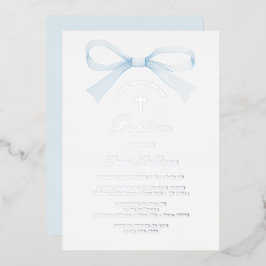 Invitación Con Relieve Metalizado Bautismo de lazo azul acuarela