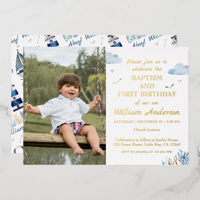 Invitación Con Relieve Metalizado Bautismo de niño náutico y foto de primer cumpleañ (Anverso/Reverso)