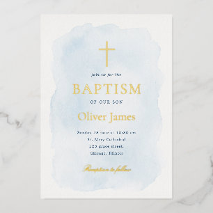 Invitación Con Relieve Metalizado Bautismo Elegante de Acuarela Azul con Hoja de Oro