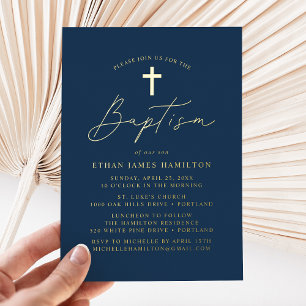 Invitación Con Relieve Metalizado Bautismo en la marina de escritura Minimalista mod