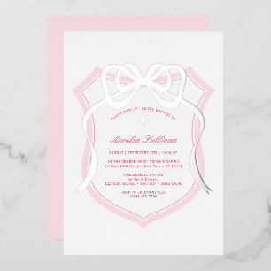 Invitación Con Relieve Metalizado Bautismo Escudo rosado de Silver Bow