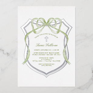 Invitación Con Relieve Metalizado Bautismo Escudo Sage Green Bow Silver