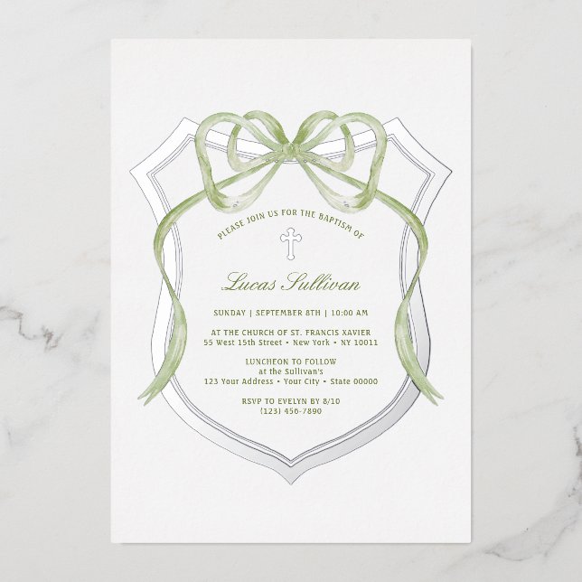 Invitación Con Relieve Metalizado Bautismo Escudo Sage Green Bow Silver (Anverso)