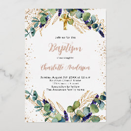 Invitación Con Relieve Metalizado Bautismo eucalipto verde dorado brillo