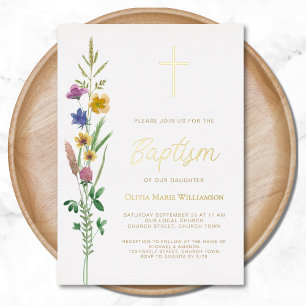 Invitación Con Relieve Metalizado Bautismo floral