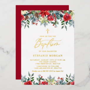 Invitación Con Relieve Metalizado Bautismo Floral de Flores de Acuarela de Invierno