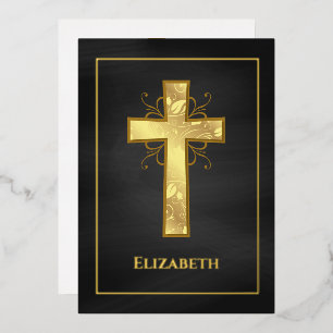 Invitación Con Relieve Metalizado Bautismo o bautizo en negro y oro con filigrana