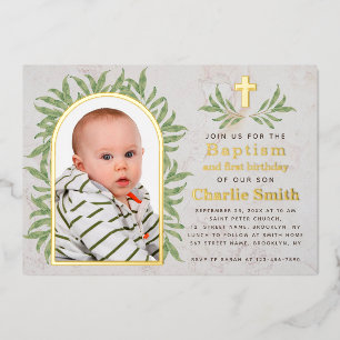 Invitación Con Relieve Metalizado Bautismo Primera Cumpleaños Foto Vegetación Arco D