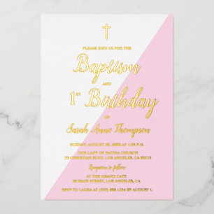 Invitación Con Relieve Metalizado Bautismo Rosa Cumpleaños 1 Cruz metálica