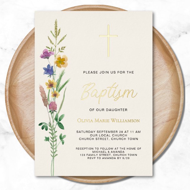 Invitación Con Relieve Metalizado Bautismo rústico de flores silvestres (Subido por el creador)