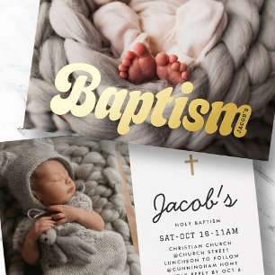 Invitación Con Relieve Metalizado Bautismo Tipografía Retro Vintage Fotos Personaliz