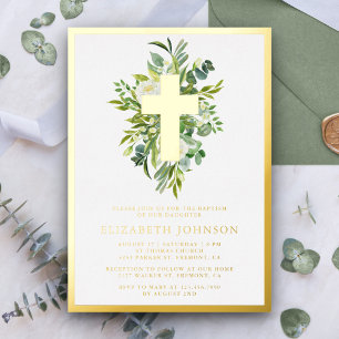 Invitación Con Relieve Metalizado Bautismo verde elegante acuarela oro