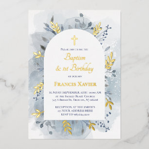 Invitación Con Relieve Metalizado Bautismo y primer cumpleaños