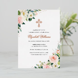 Invitación Con Relieve Metalizado Bautizo de acuarela en rosa dorado con rubor flora