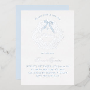 Invitación Con Relieve Metalizado bautizo de bebé niño cresta de plata