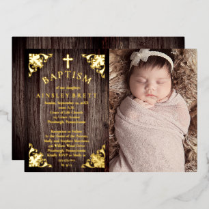 Invitación Con Relieve Metalizado Bautizo de foto de bebé niña de madera rústica de