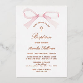 Invitación Con Relieve Metalizado Bautizo de lazo rosa acuarela