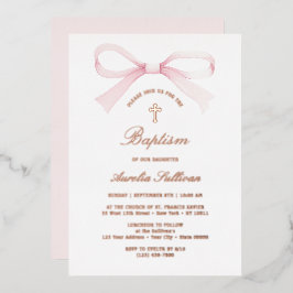 Invitación Con Relieve Metalizado Bautizo de lazo rosa acuarela
