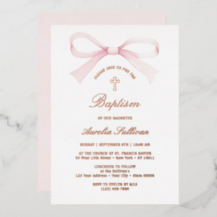 Invitación Con Relieve Metalizado Bautizo de lazo rosa acuarela