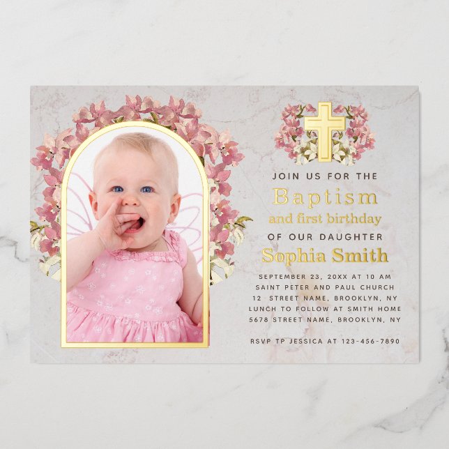 Invitación Con Relieve Metalizado Bautizo de niña Cumpleaños 1 Foto Orquídeas rosada (Anverso)