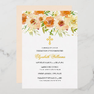 Invitación Con Relieve Metalizado Bautizo de niña floral acuarela dorada
