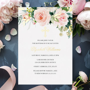 Invitación Con Relieve Metalizado Bautizo de niña floral acuarela rosa rubor