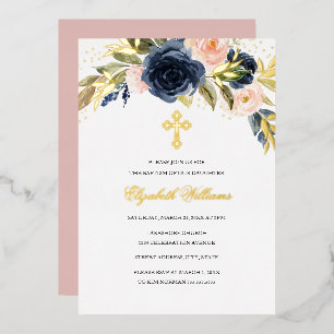 Invitación Con Relieve Metalizado Bautizo de niña floral rosa marina dorada