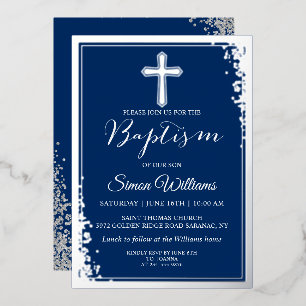 Invitación Con Relieve Metalizado Bautizo de Niño Azul Marino Brillo de Plata Real d