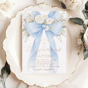 Invitación Con Relieve Metalizado Bautizo de niño con lazo de eucalipto floral azul