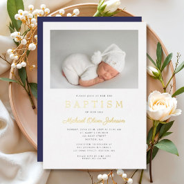 Invitación Con Relieve Metalizado Bautizo de Niño Foto Escritura Moderna Azul Marino