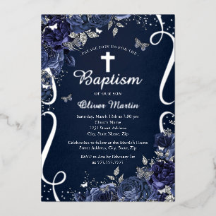 Invitación Con Relieve Metalizado Bautizo de Niño Mariposa Naval Floral Plateado