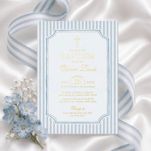 Invitación Con Relieve Metalizado Bautizo de Niño Moderno Vintage con Raya Azul