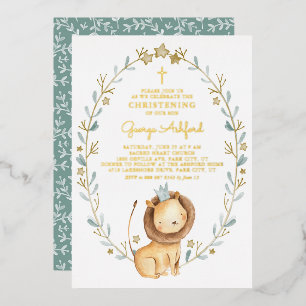 Invitación Con Relieve Metalizado Bautizo de Príncipe León Acuarela Adorable Niño