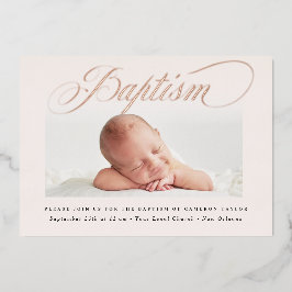 Invitación Con Relieve Metalizado Bautizo de una foto sutil pastel cruz rosa oro