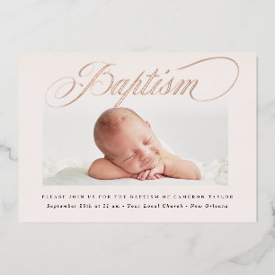 Invitación Con Relieve Metalizado Bautizo de una foto sutil pastel cruz rosa oro