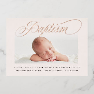Invitación Con Relieve Metalizado Bautizo de una foto sutil pastel cruz rosa oro