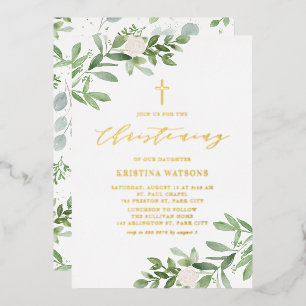 Invitación Con Relieve Metalizado Bautizo de vegetación y flores blancas al acuarela