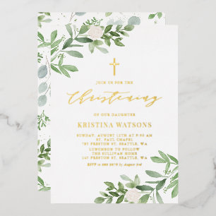 Invitación Con Relieve Metalizado Bautizo de vegetación y flores blancas al acuarela