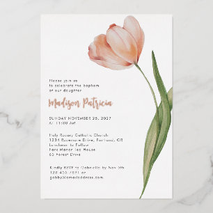 Invitación Con Relieve Metalizado Bautizo Elegante Melocotón Floral Tulipán Rosa Oro