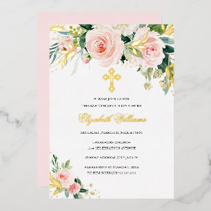 Invitación Con Relieve Metalizado Bautizo Floral Acuarela Rosa Dorado Niña