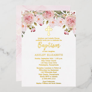 Invitación Con Relieve Metalizado Bautizo floral de acuarela rosa sonrojado