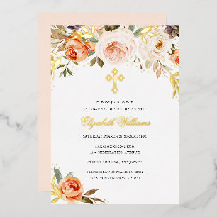 Invitación Con Relieve Metalizado Bautizo Floral de Niña en Acuarela Dorada Melocotó