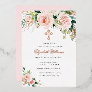 Invitación Con Relieve Metalizado Bautizo Floral de Niña en Rosa Dorado con Acuarela