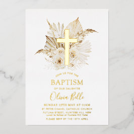 Invitación Con Relieve Metalizado Bautizo floral de palma seca Boho de papel de alum